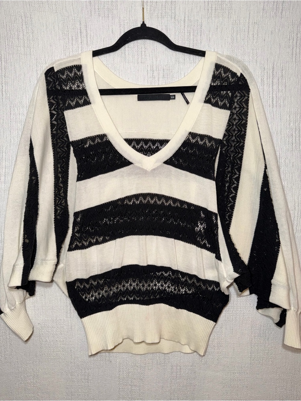 L.A.M.B. Y2K Black Lace and Cream Striped Dolman Knit Sweater - M